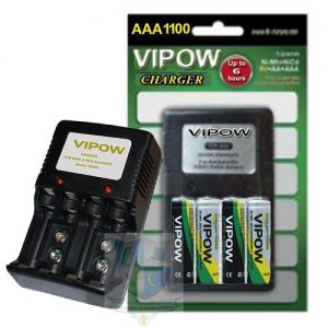 VIPOW CR-606 Battery Charger AA/AAA/9V/NiMH/NiCd with 4 AAA 1100mAh batteries